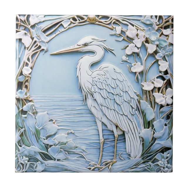 Heron Sea Bird Art Nouveau Faux Relief Left Blue Ceramic Tile (Front)