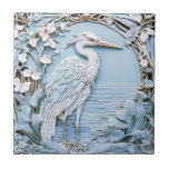 Heron Sea Bird Art Nouveau Faux Relief Right Blue Ceramic Tile<br><div class="desc">"classy classic art nouveau",  "heron crane seaside bird",  "ocean sea marine animals",  "faux relief ceramic tile",  "blue and white water",  "right facing light pastel",  "vintage stylish shore life",  "nautical wildlife wild animal",  "beautiful asian japanese chinese",  "elegant beach coast antique"</div>
