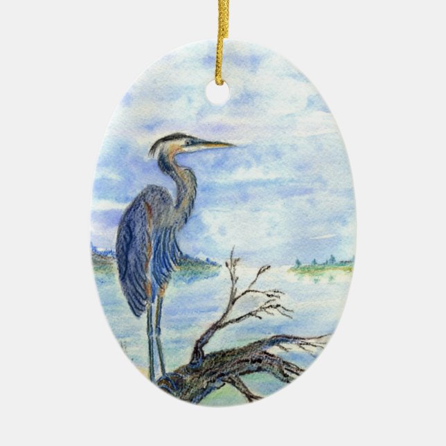 Heron Sentry - Watercolor Pencil Ceramic Ornament (Front)