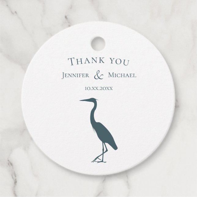 heron silhouette dark teal blue on white simple favor tags (Front)
