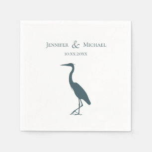 heron silhouette dark teal blue on white wedding napkins