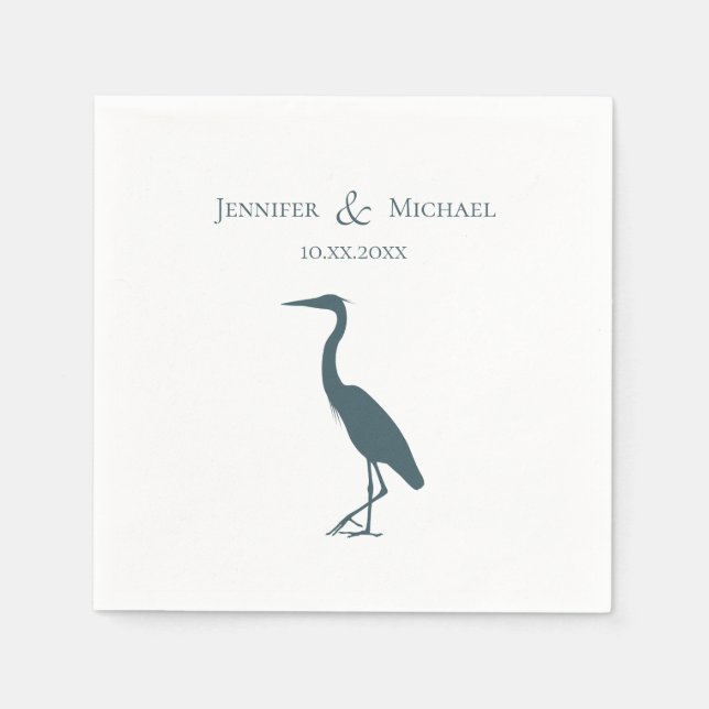 heron silhouette dark teal blue on white wedding napkins (Front)