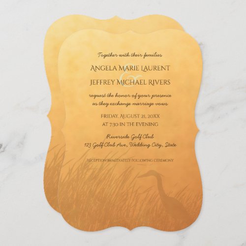 Heron silhouette sunset ombre wedding invitation