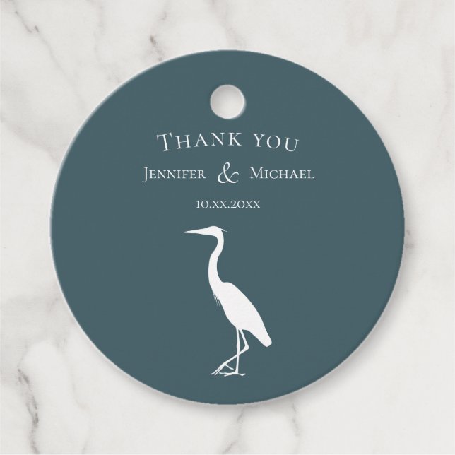 heron silhouette white on dark teal blue simple favor tags (Front)