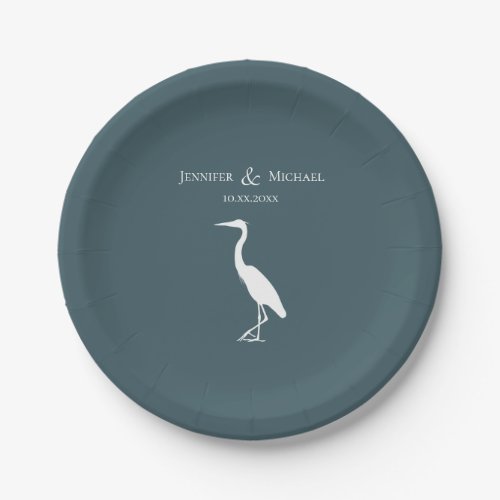 heron silhouette white on dark teal blue simple paper plates