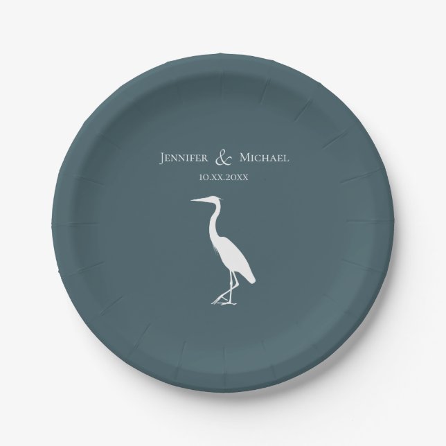 heron silhouette white on dark teal blue simple paper plates (Front)