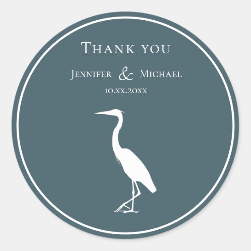 heron silhouette white on dark teal blue wedding classic round sticker