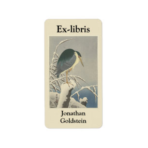 Heron, snow, branch, bookplate