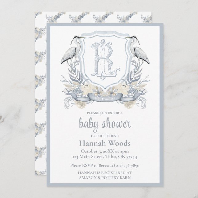 Heron Specialty Monogram Baby Shower Invitation (Front/Back)