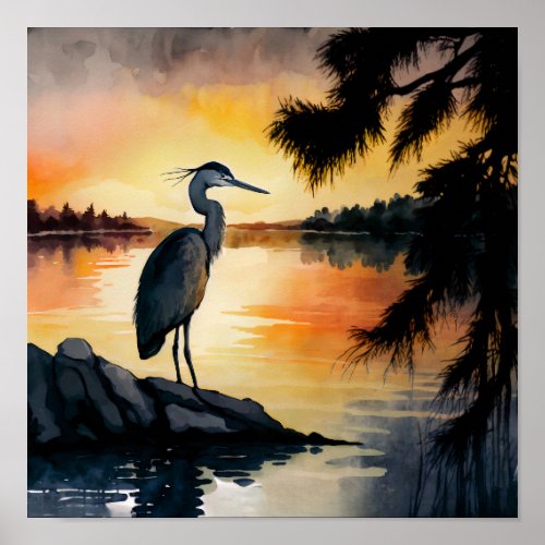 Heron Watching the Sunset Watercolor Poster