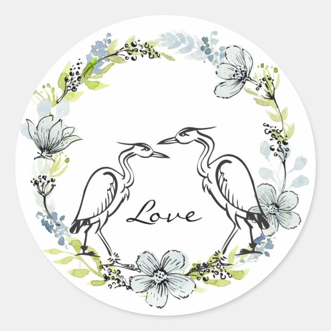 Heron Water Bird Couple ~ Blue, Green Flowers Love Classic Round Sticker (Front)