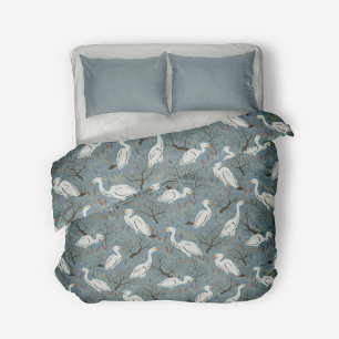 Heron water pond - blue - great egret bird duvet cover