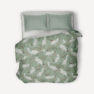 Heron water pond - green - great egret bird duvet cover