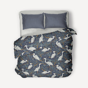 Heron water pond - navy - great egret bird duvet cover