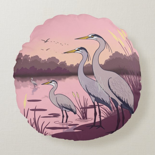 Herons by the Lake Round Pillow (Front)