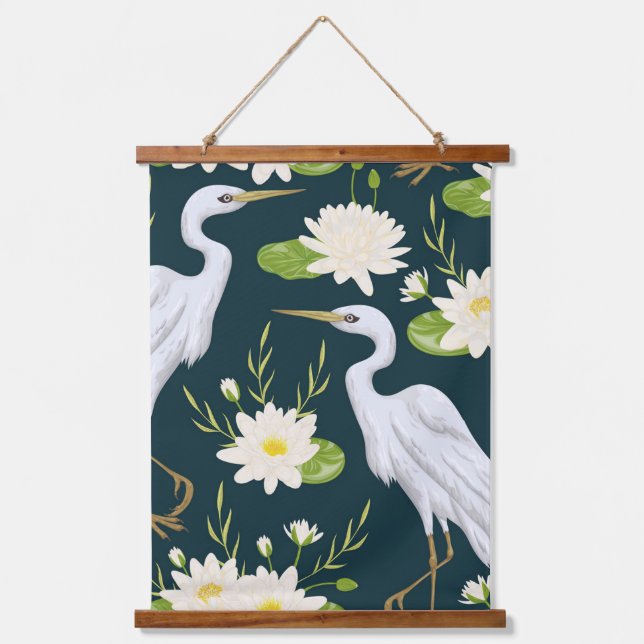 Herons White Lily Green Foliage Watery Landscape   Hanging Tapestry (Front)
