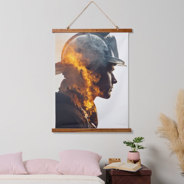Hero's Heart: Firefighter Flame Portrait Hanging Tapestry (Bedroom)