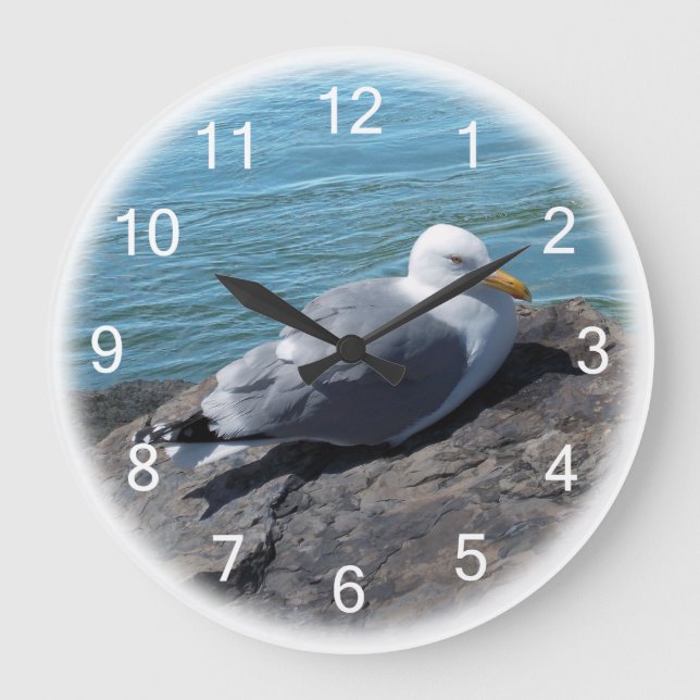 Herring Gull on Rock Jetty Large Clock (Front)
