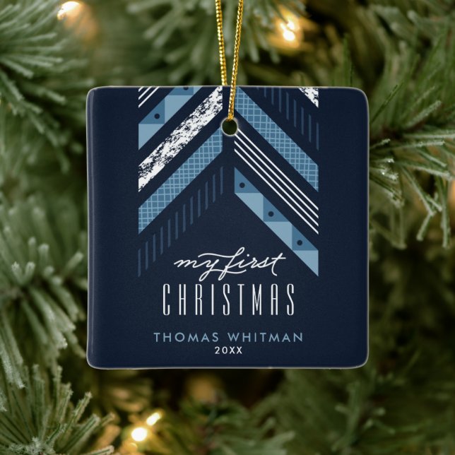 Herringbone Band 1st Christmas Ornament - Blue (Tree)