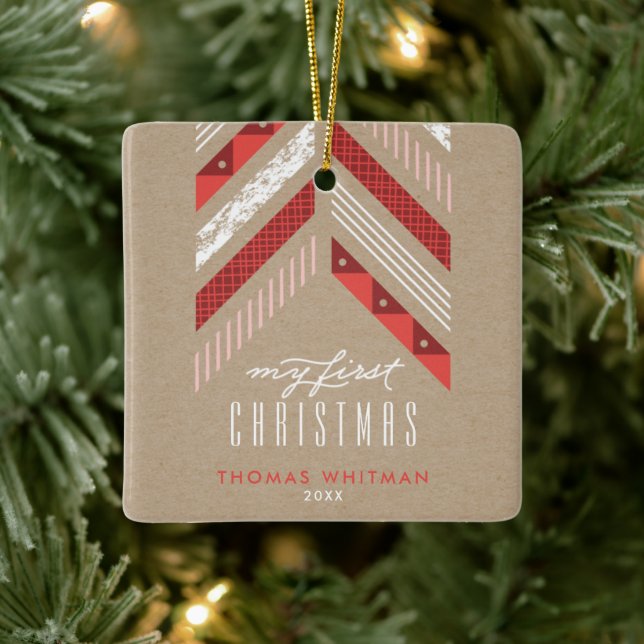 Herringbone Band 1st Christmas Ornament - Crimson (Tree)