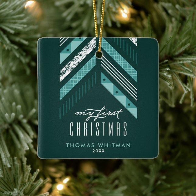 Herringbone Band 1st Christmas Ornament - Teal (Tree)