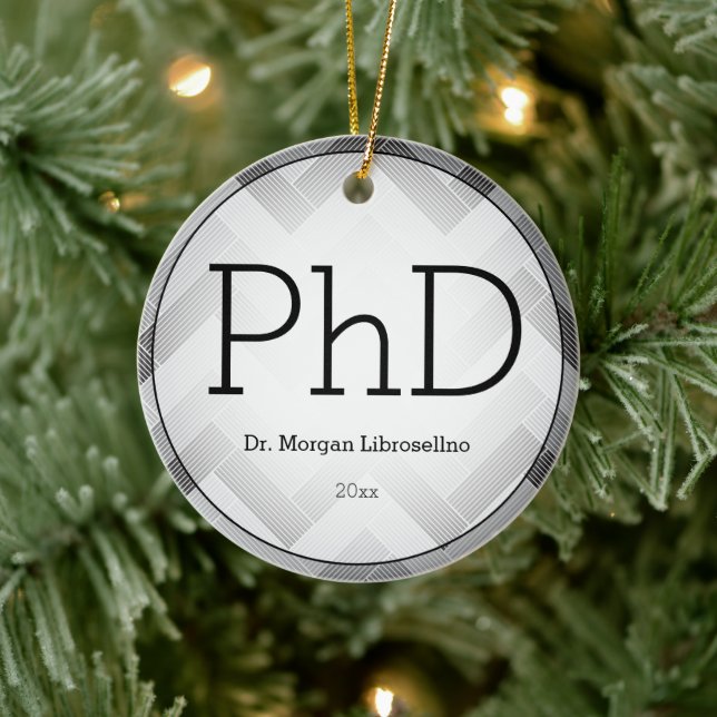 Herringbone Black Gray PhD Graduation Name Year Ceramic Ornament (Tree)