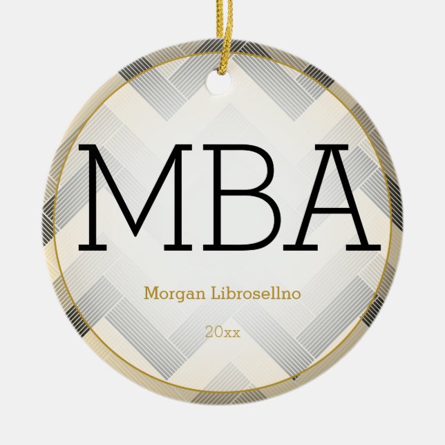 Herringbone Black Tan MBA Graduation Name Year Ceramic Ornament (Front)