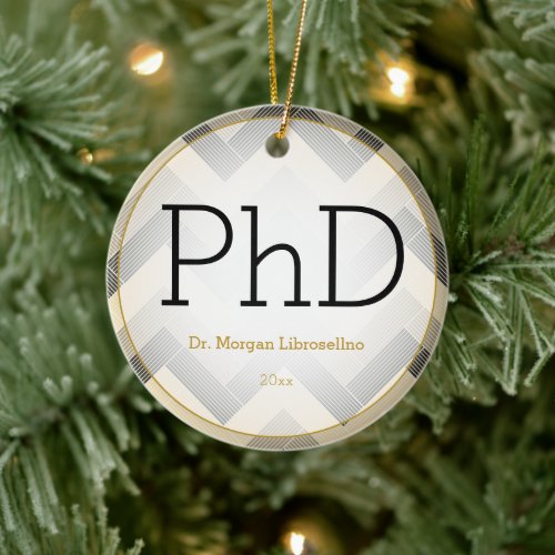 Herringbone Black Tan PhD Graduation Name Year Ceramic Ornament