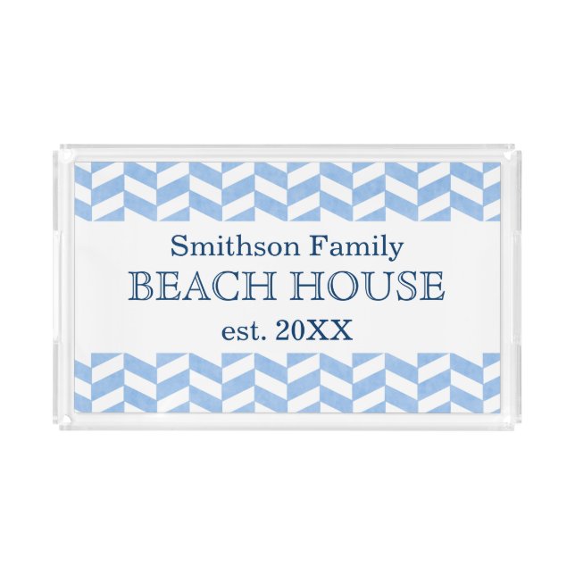 Herringbone Blue White Beach House Custom Acrylic Tray (Front)