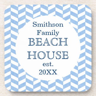 Herringbone Blue White Beach House Custom Coaster