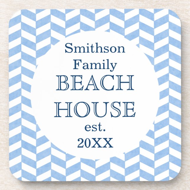 Herringbone Blue White Beach House Custom Coaster (Front)
