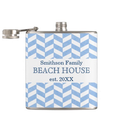 Herringbone Blue White Beach House Custom Flask