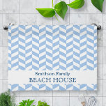 Herringbone Blue White Beach House Custom Kitchen Towel<br><div class="desc">This pretty, personalized beach house design has a lightly textured blue-and-white herringbone pattern. Easily add your personal details to the templates and they will appear at both ends of the towel. You can even change "beach house" to "summer home, " "lake house" or any other wording you'd like. This modern,...</div>