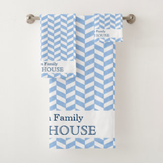 Herringbone Blue White Beach House | Custom Name Bath Towel Set