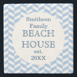 Herringbone Blue White Beach House Custom Stone Coaster<br><div class="desc">This pretty, personalized beach house stone coaster design has a lightly textured blue-and-white herringbone pattern. Easily add your personal details to the templates. You can even change "beach house" to "summer home, " "lake house" or any other wording you'd like. This modern, elegant design will be perfect to match your...</div>