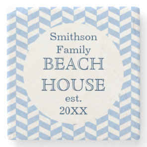 Herringbone Blue White Beach House Custom Stone Coaster