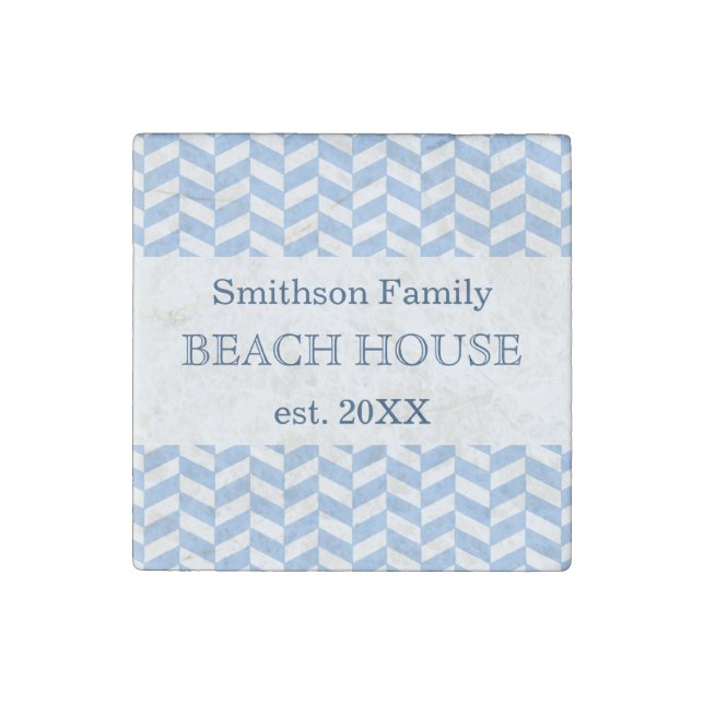 Herringbone Blue White Beach House Custom Stone Magnet (Front)