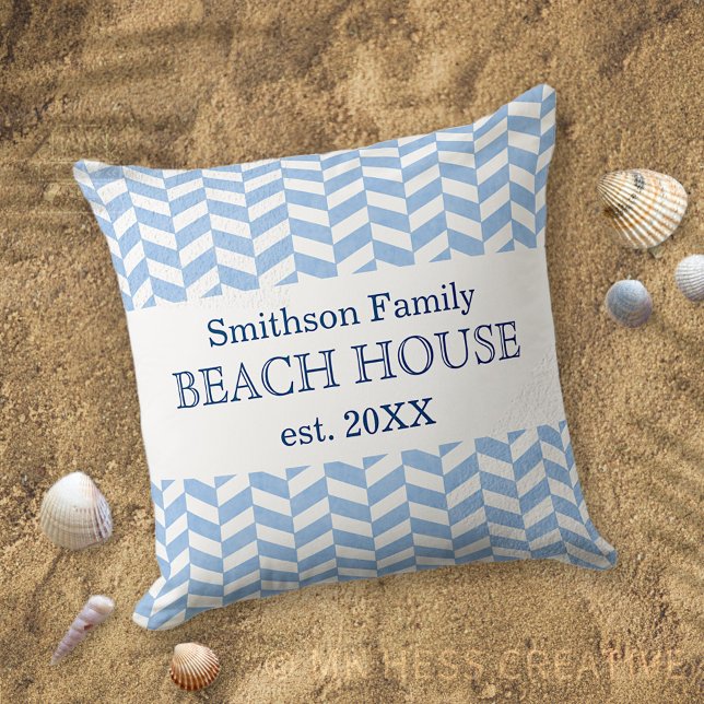 Herringbone Blue White Beach House Custom Throw Pillow (Creator Uploaded)