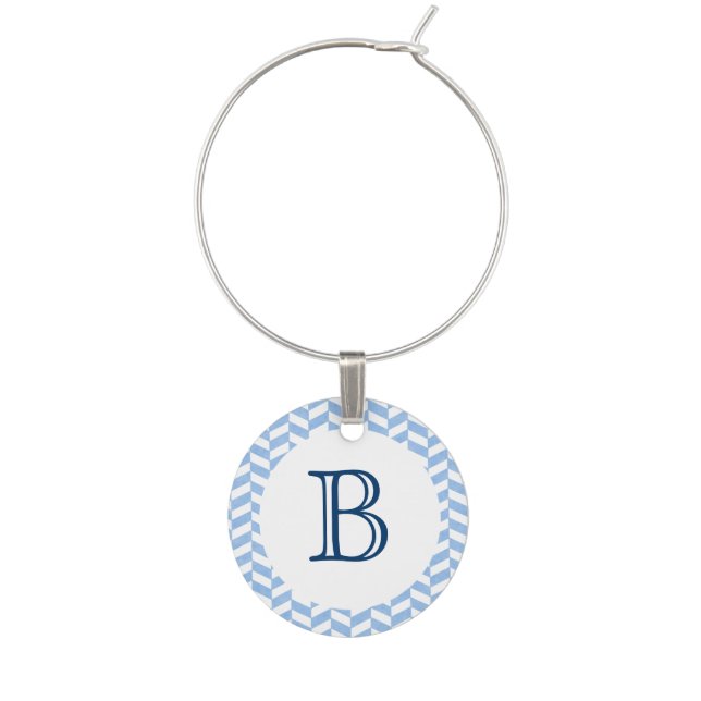 Herringbone Blue White Beach Party Wine Charm (Front)