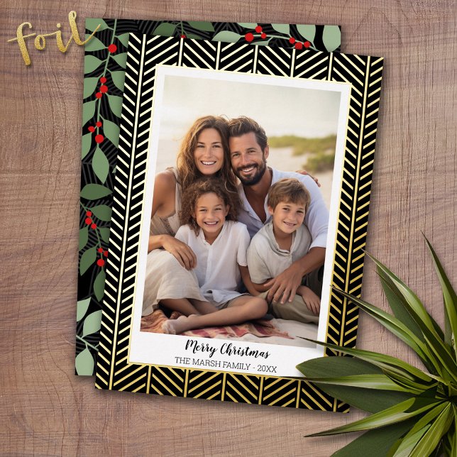 Herringbone Gold Border - Black Botanicals - Photo Foil Holiday Card (Photo Christmas Card with Gold Foil Accent - Modern Merry Christmas)