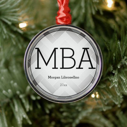 Herringbone Gray Black MBA Graduation Name Year Metal Ornament