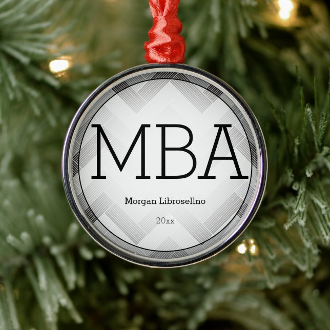 Herringbone Gray Black MBA Graduation Name Year Metal Ornament (Tree)