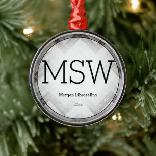 Herringbone Gray Black MSW Graduation Name Year Metal Ornament