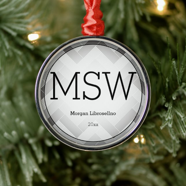 Herringbone Gray Black MSW Graduation Name Year Metal Ornament (Tree)