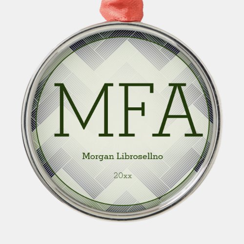 Herringbone Green White Name MFA Graduation Metal Ornament