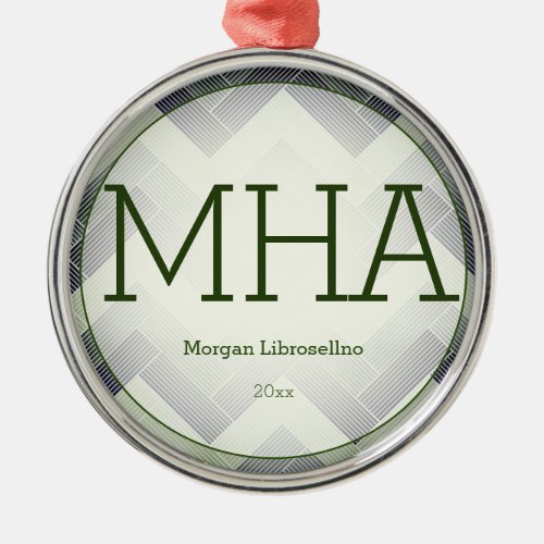 Herringbone Green White Name MHA Graduation Metal Ornament