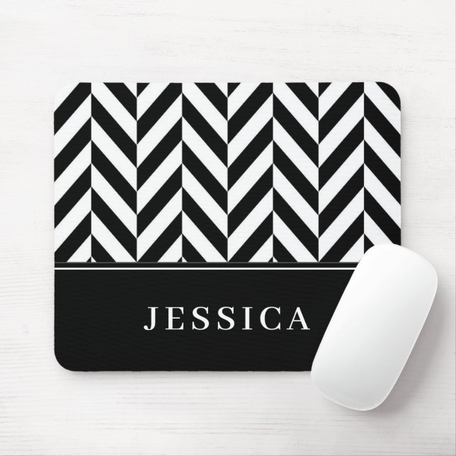 Herringbone Pattern Black & White Custom Name Mouse Pad (With Mouse)