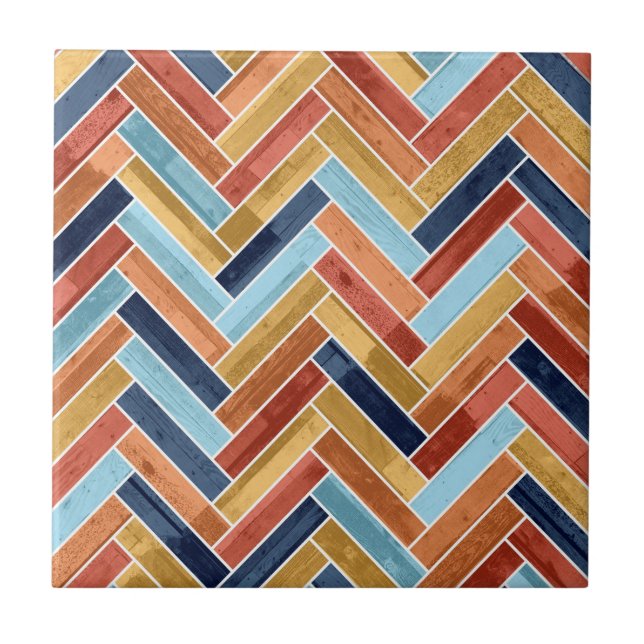Herringbone Pattern Blue Yellow Orange Red Ceramic Tile (Front)