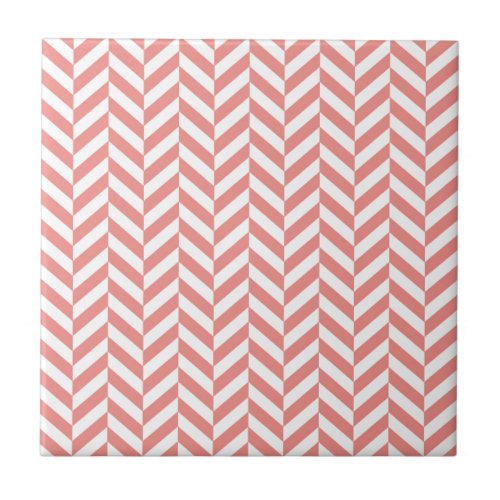 Herringbone Pattern Coral Pink White Ceramic Tile