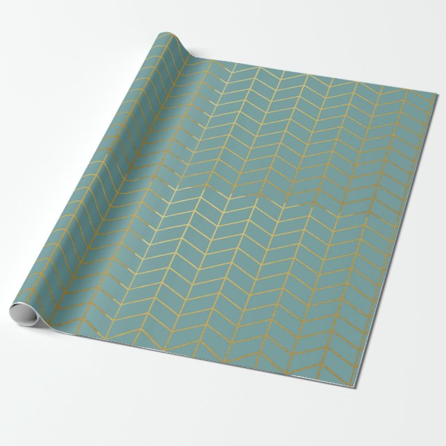 Herringbone Pattern Faux Gold Foil Teal Geometric Wrapping Paper (Unrolled)
